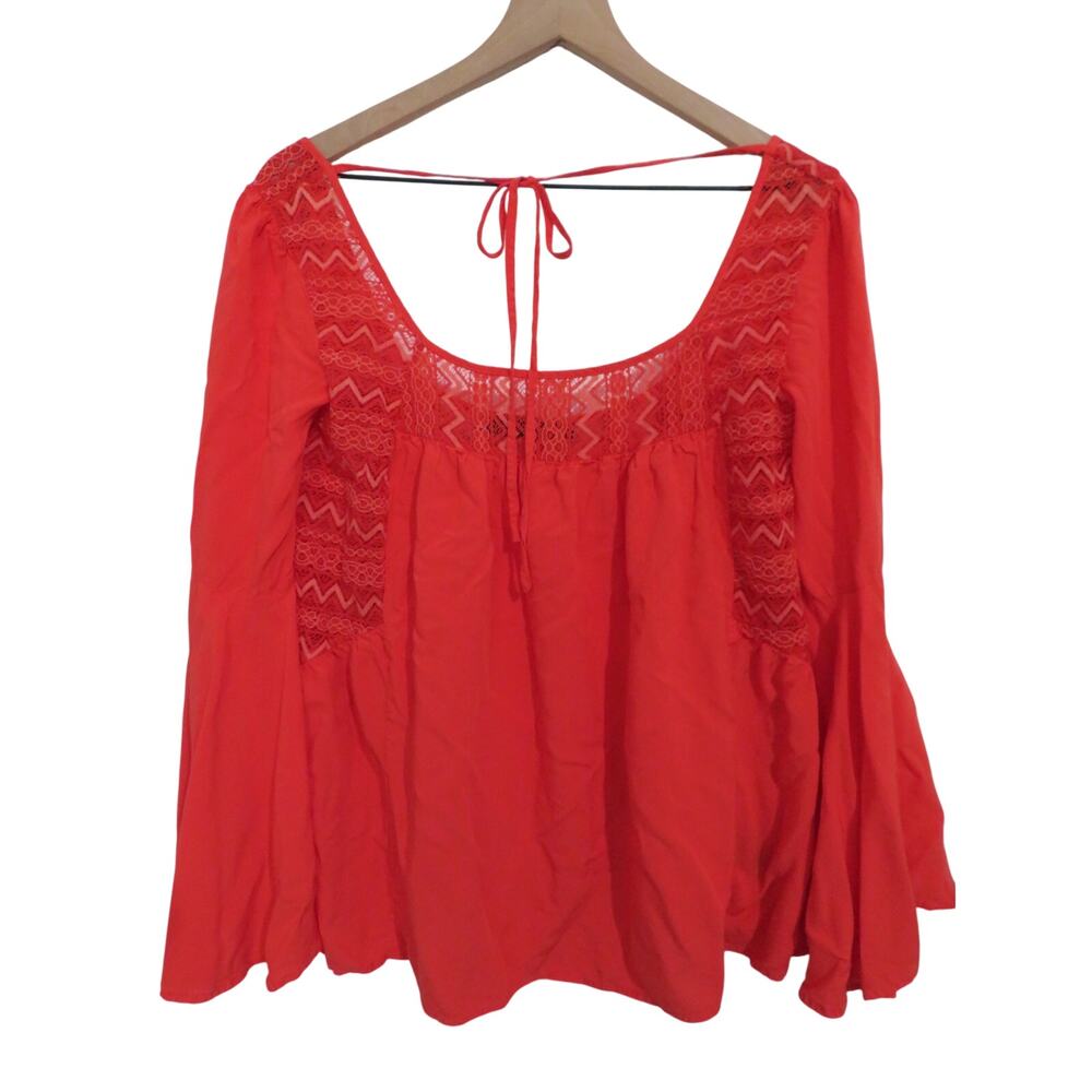 Ark & Co Women Sz S Red Pink Embroidered Lace Peasant Blouse Boho Flowy Top